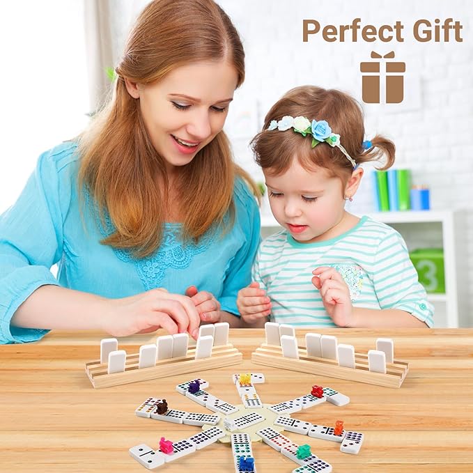 Mexican Train Dominoes Set with 8 Wooden Trays/Racks, Double 15 Dominos Travel Set with 8 Tiles Holders, 136 Tiles Double 15 Colored Dominoes Game Set with Zippered Case for Family Kids