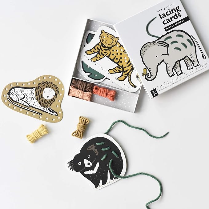 Wee Gallery Jungle Animals Lacing Cards for Toddlers, Sewing Board, Preschool Toys, Montessori Learning Activity for Kids, Learn Motor Skills, Colors, Travel Game, with Soy Inks (Ages 3 4 5 Years +)
