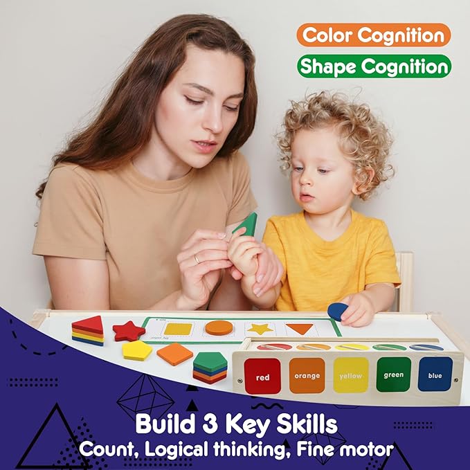 Wooden Sorting Toys Montessori Color & Shape Sorter Class Activity Toddlers Fine Motor Game for Colors and Shapes Recognition, X-mas Stocking stuffers New Year Gifts for 2-5 Year Old Boys and Girls