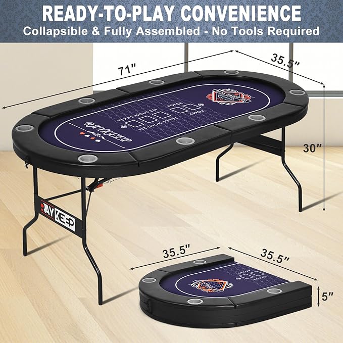 Poker Table Foldable, 8 Player Folding Poker Tables w/Collapsible Legs, Casino Grade Felt, Padded Rails and Cup Holders, Portable Poker Table for Texas Holdem Poker and Blackjack, 71 Inch