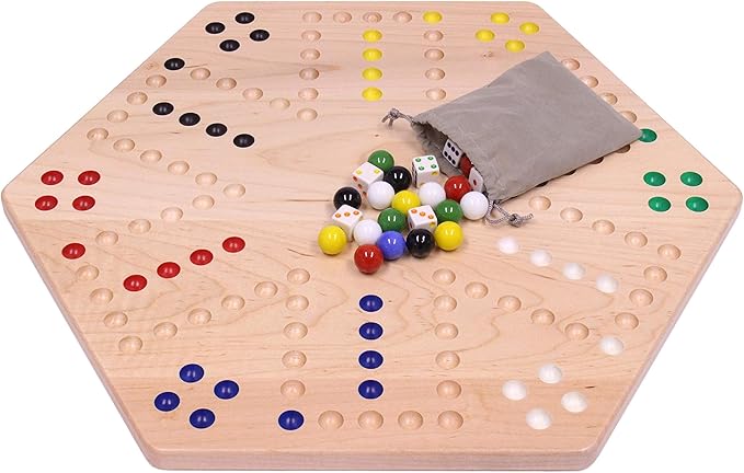 AmishToyBox.com Wahoo Marble Game Board Set - 20" Wide - Solid Maple Wood - Double-Sided - with Large 18mm Marbles and Dice Included