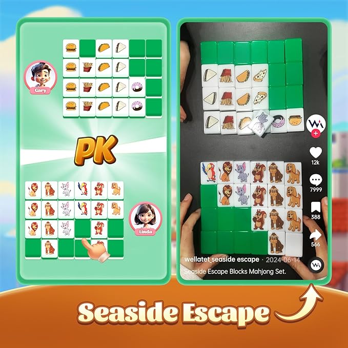 Seaside Escape Game Blocks, Mahjong Tile Game Sets with 49 Tiles 38mm Pet and Food Pattern with Grey Bag.