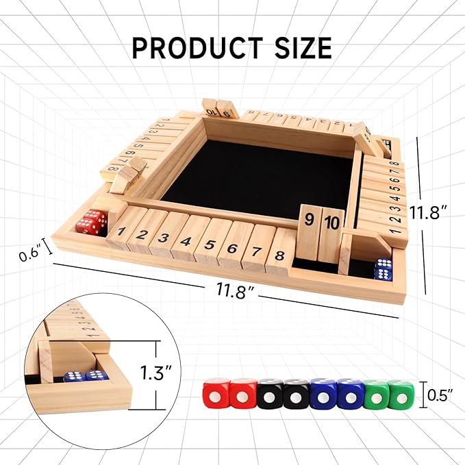 GSE Games & Sports Expert 1-4 Player Wooden Shut The Box Dice Board Game with 8 Dice. 4-Way 10 Numbered Shut The Box Set of Popular English Pub Board Game - Natural Wood