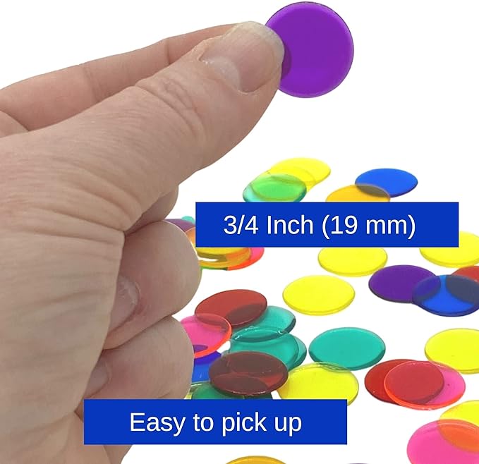 MR CHIPS Plastic Bingo for Games 500 Count - Solid and Transparent Colors Counting 19 Color Choices 3/4 Inch 7/8