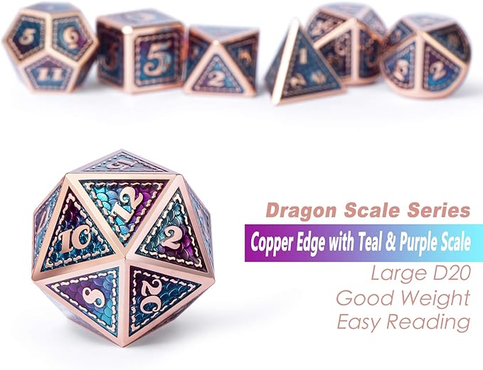 DNDND Metal D&D Dice Set,7 Pieces Dragon Scale Metallic D&D Die with Gift Metal Case for Dungeons & Dragon Game (Teal and Purple with Copper Edge)