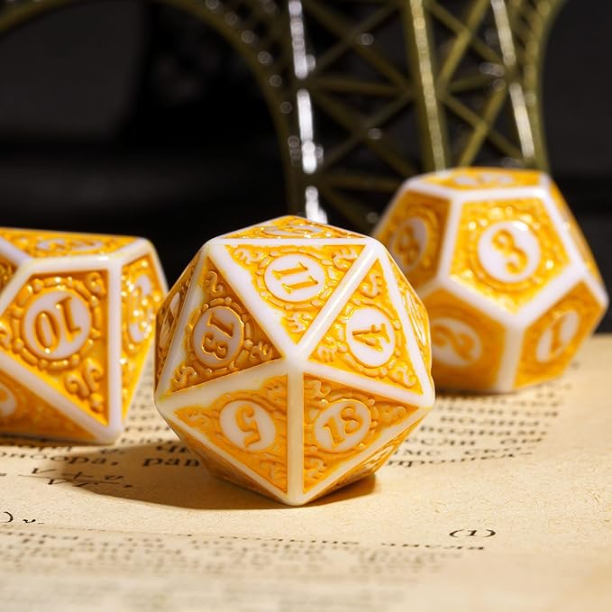 7PCs DND Dice Set, Unique Window Lattice Pattern D&D Dice Set with Leather Die Bag, Polyhedral Die for Dungeons and Dragons, RPG Table Games (Yellow/White)