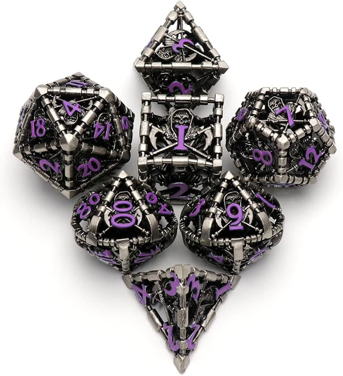 DND Dice for Dungeons and Dragons Polyhedral Dice Set Metal Role Playing D&D Dice HNCCESG Hollow Grim Reaper Dice Gaming D and D Dice for Table Game RPG Pathfinder Warhammer Shadowrun (Purple Number)