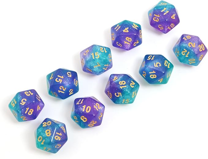 SmartDealsPro 10-Pack 20 Sided Dice D20 Polyhedral Dice for DND RPG MTG Table Game (Glitter Green-Purple)