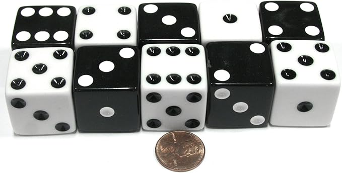Koplow Games Set of 10 Inverse D6 25mm Large Opaque Jumbo Dice - 5 Each of White and Black