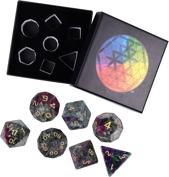TUMBEELLUWA Engraved Crystal Stone Polyhedral Dice Set for RPG MTG Dungeons and Dragons Table Game 7 Pieces DND Board Game Dices with Pouch, Ruby in Fuchsite
