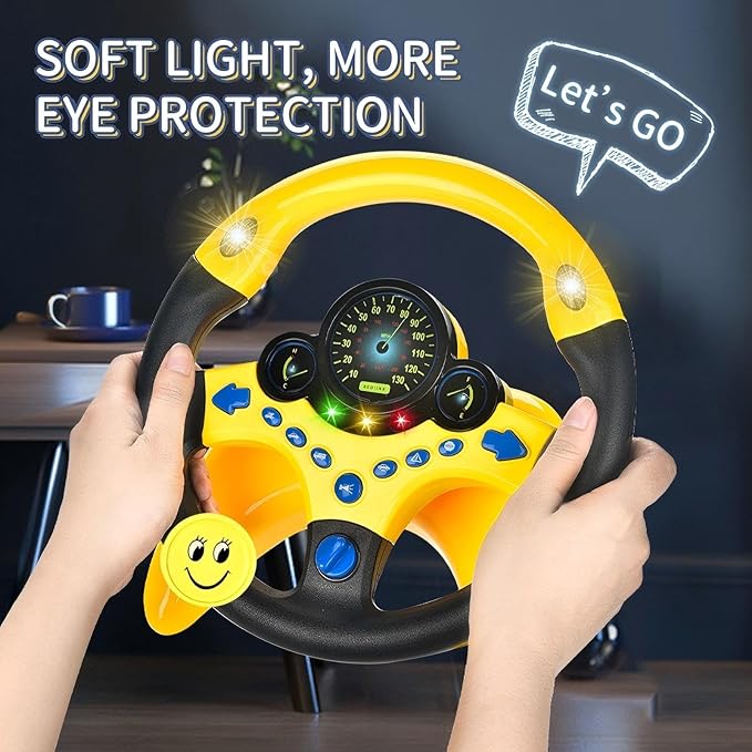 Kids Driving Toy Set with Interactive Steering Wheel and Traffic Light-Simulate Driving Car Steering Wheel Toy for Kids with Dashboard Display, Yellow and Black