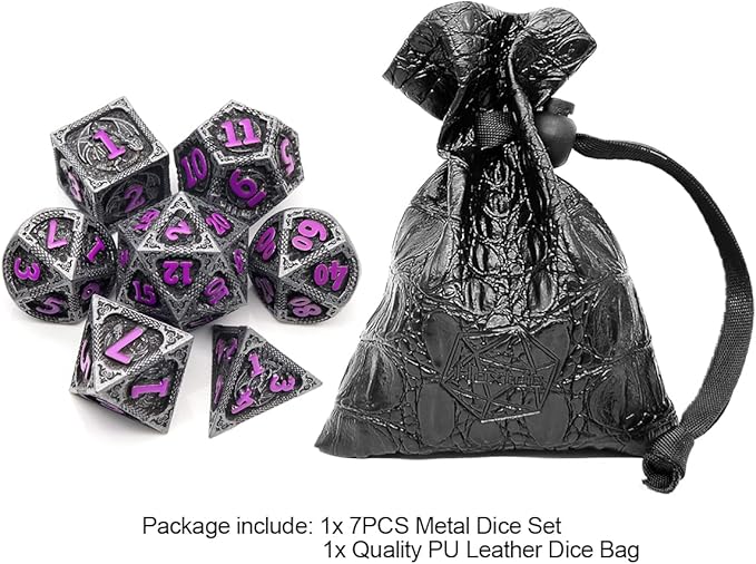 Haxtec Metal DND Dice Set Black Purple Dragon Pattern D&D Dice Set with Leather Dice Bag Metal Polyhedral Dice for Dungeons and Dragons TTRPG Gifts