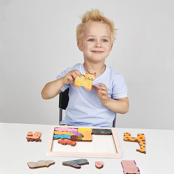 WODI Wooden Animal Puzzle Matching Game Montessori Toys for 3+ Year Old Puzzle for Toddlers Paint Your Own Animal Blocks with 12 Colored Pens Open Ended Toys Gifts for Kids