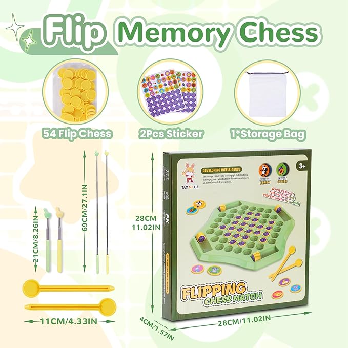 54PCS Flip Chess Memory Game, Fruit Flip Matching Board Game, Memory Chess Over Card Board, Creative Double Cartoon Pattern Matching Game for Kids & Adults (Animal)