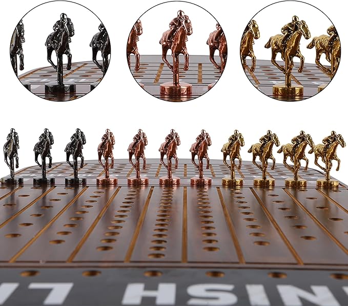 Large 21 Inches Horse Race Board Game Thickened Wood Finish Line Horse Racing Game for Friend's Party Included 11 Metal Horses,2 Dices and 2 Decks of Cards（Oval,Vintage Flame）
