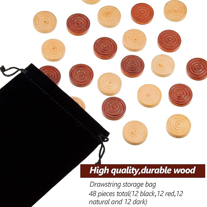 48 Pieces Wooden Checkers 1.06 Inch Wooden Checkers Pieces with Stackable Ridge in Drawstring Storage Pouch Red Black Dark Brown Wood Color (Red, Black, Dark Brown, Natural Color)