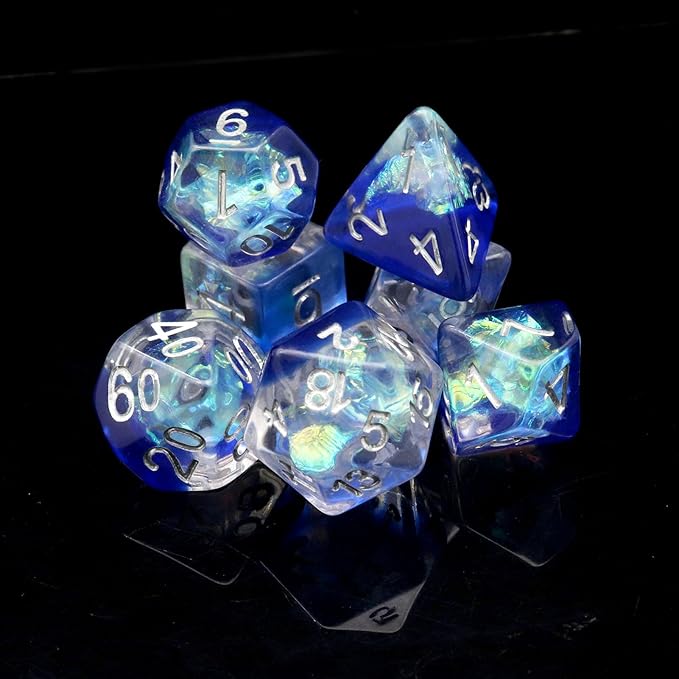 Haxtec Resin DND Dice Set 7PCS Blue Clear Iridecent Mylar Polyhedral D&D Dice for Roleplaying Dice Games as Dungeons and Dragons-Blue Clear Galaxy
