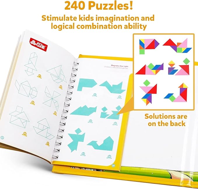 Travel Tangram Puzzle,Magnetic Puzzle Book Game Road Trip Game Jigsaw Shapes Dissection STEM Games with Solution IQ Educational Toy for Kid Adult Challenge Brain Teasers 240 Patterns(2Pcs Tangrams)
