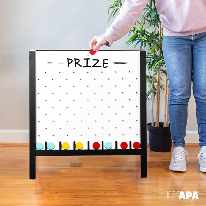 lyapa Large Portable Prize Drop Game - 41x27.5 Inch Double Sided Penny Drop Game for Events and Trade Show - Includes 16 Coin Drop, Wooden A-Frame Whiteboard Sign, Eraser & Token Storage Tote