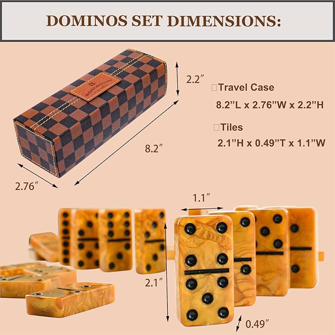 Dominos Set for Adults, Thick Domino, Double 6 Dominoes Set for Adults and Kids, 28 Marbleized Gold Tiles in Brown Leather Case, Travel Domino's Game Set