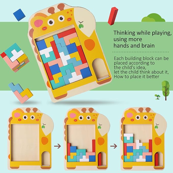 Multifunctional Building Blocks Matching Game Colorful Cute Mushroom Giraffe Patterns Tabletop Activities 3D Piecing Bricks Brain Teaser Smart Inspiration Game STEM Early Educational Toy for Kids