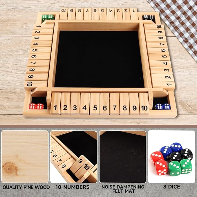 GSE Games & Sports Expert 1-4 Player Wooden Shut The Box Dice Board Game with 8 Dice. 4-Way 10 Numbered Shut The Box Set of Popular English Pub Board Game - Natural Wood