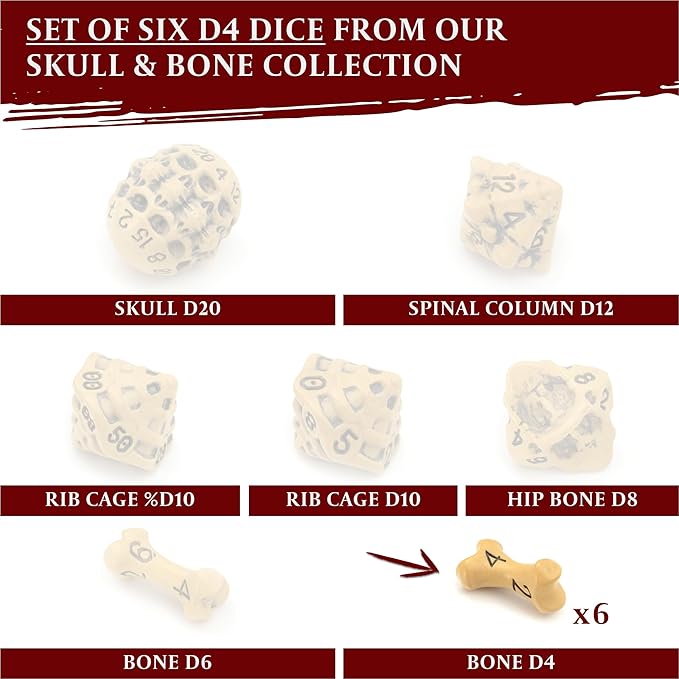 D4 Dice Set - Set of Six 4 Sided Dice - Skull & Bone Themed RPG Dice. Cool & Unique Gift and Compatible with Dungeons & Dragons (DND), D&D, Pathfinder, D and D. (Ancient Bone Yellow)