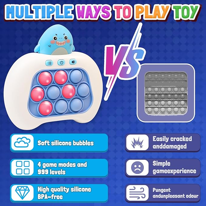 Fast Push Game Pop Toy - Electronic Quick Push Bubble Sensory Fidget Toys Light up Handheld Games with Music, Birthday Toys for Kids Teens Adults Boy Girls (Shark)