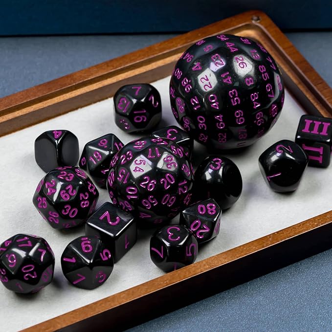 15 Pieces Complete Polyhedral DND Dice Set D3-D100 Spherical D&D Dice Set with Dragon Eye Dice Bag, D100 Dice for Dungeons and Dragons, RPG, MTG Table Games(Black w/Purple Numbers)