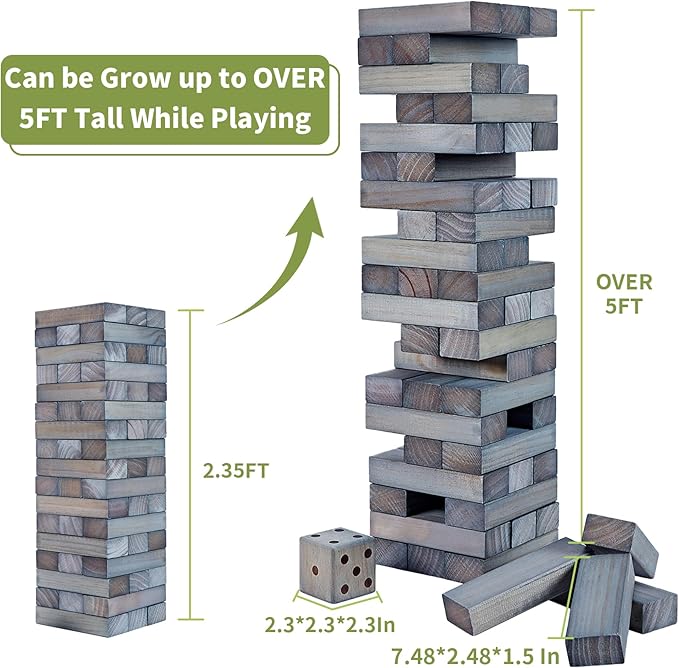 ApudArmis Giant Tumble Tower Stack to Over 5Ft, 56 PCS Pine Wooden Stacking Timber Game with 1 Dice Set - Classic Block Giant Outdoor Game (7.48 * 2.48 * 1.5 in Each Block, Gray)