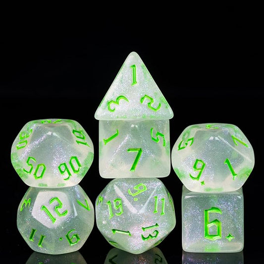 7-Die DND Dice Set Polyhedral Dice Set with a Leather Dice Bag, D&D Dice Set for Dungeons and Dragons, RPG, MTG Table Games (White/Glitter)