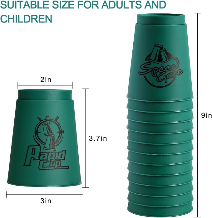 DEWEL Stacking Cup Game, 12pcs Cup Stacking Set, Sport Stacking Cups, Classic Stacking Toy, Family Game, Great Gift Idea for Stack Games Lover, Stacking Cups for Adults, Kids-Blackish Green