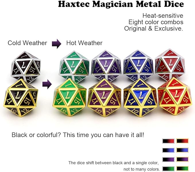 Haxtec Metal DND Dice Set Heat Sensitive Color Changing Metal Dice Polyhedral D&D Dice for RPG Dungeons and Dragons-Gold Black Red Shift
