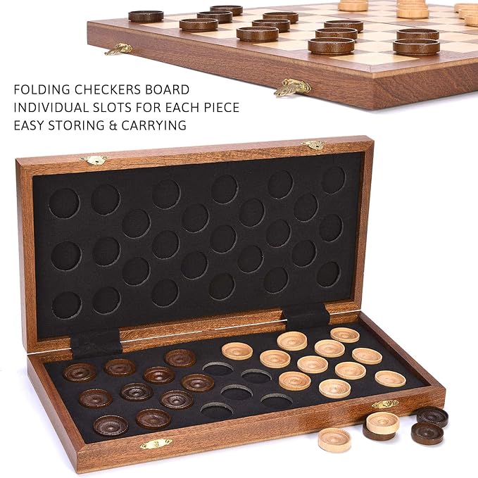 VAMSLOVE 14inch Checkers Folding Wooden Game Set, 8x8 Classic Checkerboard International Checkers Draughts Board 64 Square with Pieces Storage Slots (Instructions Included)