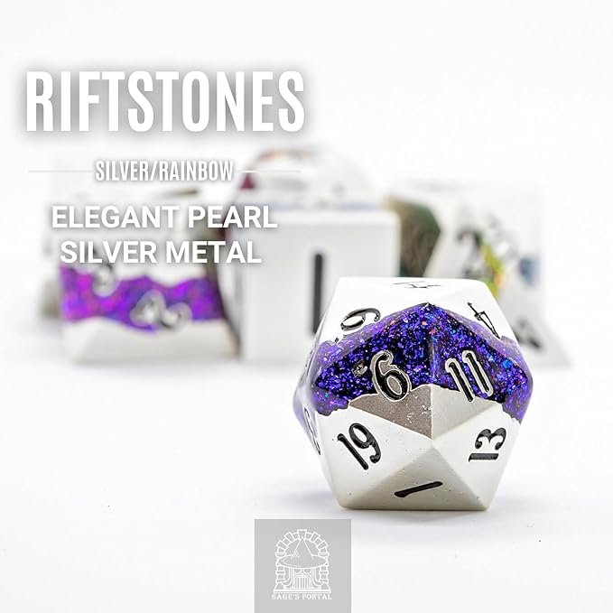 Sage's Portal Metal Riftstone DND Dice 7-PC Polyhedral Dice Set for DND TTRPG Dungeons and Dragons Pathfinder Oversized Designer Dice (Pearl Silver/Rainbow)