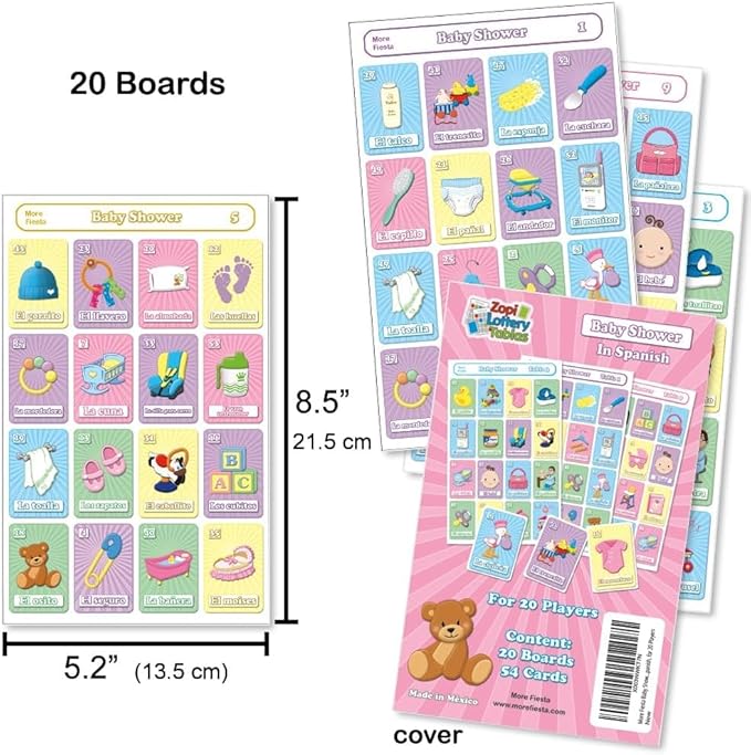 More Fiesta Baby Shower Bingo Tablas Game in Spanish, 20 Playing Boards and Cards (for Up to 20 Players)