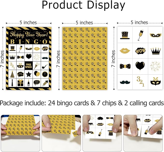 Ziyouza Happy New Year Bingo Cards, New Year Party Bingo Games, 24 Players Games for Family Party Outdoor Trip Activity