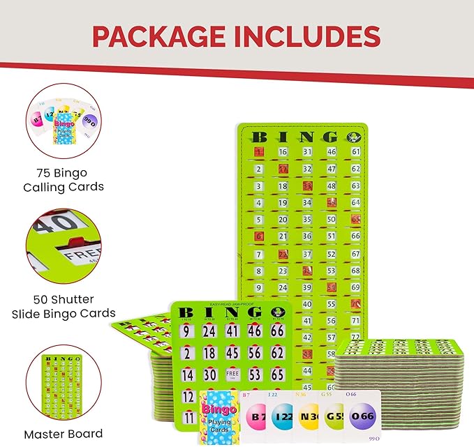 MR CHIPS Jam-Proof Bingo Cards with Sliding Windows, 50 Reusable Shutter Cards, 75 Calling Cards 1 Master Board in Green Style