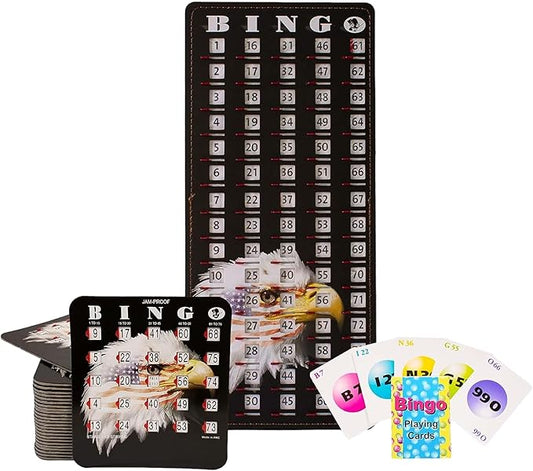 MR CHIPS Jam-Proof Bingo Cards with Sliding Windows, 25 Reusable Shutter Cards, 75 Calling Cards 1 Master Board in Star and Strips Style