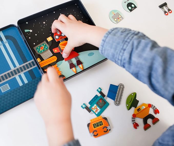 Petit Collage Magnetic Play Set, Robot Remix – Mix & Match Magnetic Game Board, Ideal for Ages 3+ – Includes 2 Magnetic Scenes and over 25 Magnet Pieces, Ideal Travel Activity for Kids