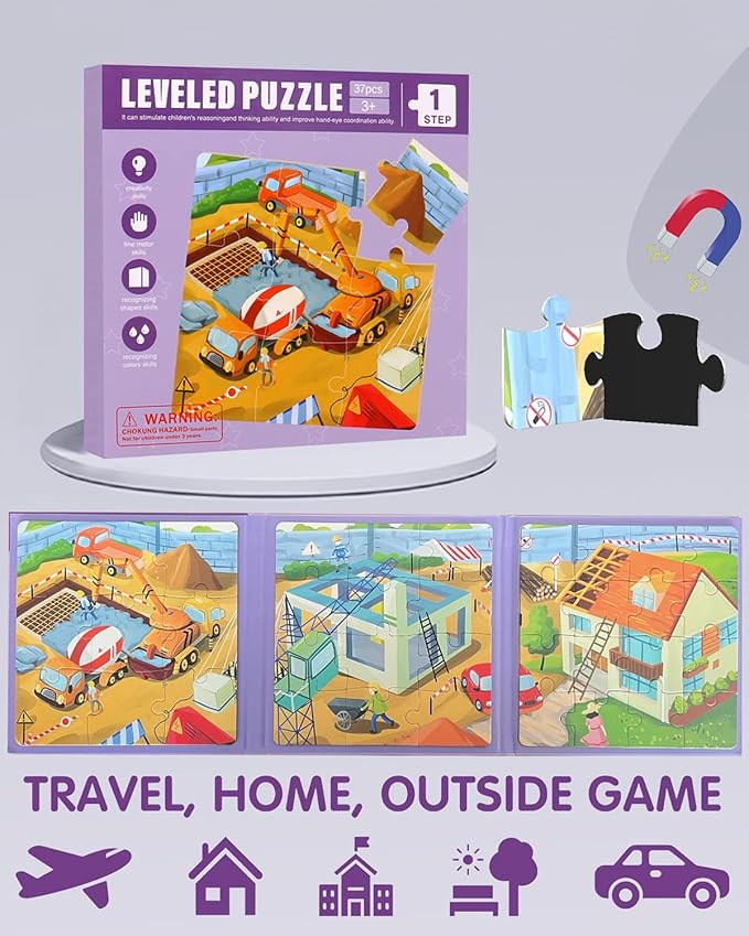 Magnetic Puzzles for Toddlers, 37 Pieces Travel Puzzles Game Magnetic Jigsaw Puzzle Magnet Puzzle Book for Kids Car Traffic Activities Toy for Boys and Girls 3-5 Year Old (Building)