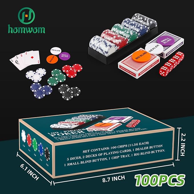 Poker Chip Travel Set, 100PCS 5 Color Professional Poker Chips in Cardboard Gift Box, 11.5 Gram Clay Composite Casino Poker Chips for Casino Card Games Texas Holdem Blackjack