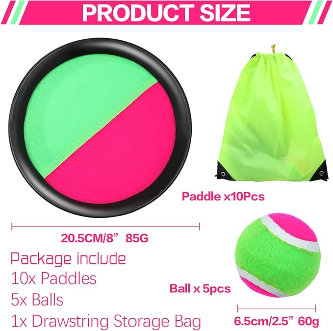 Toss and Catch Game Set, 10 Paddles 5 Balls and 1 Storage Bag, Classic Outdoor Games, Beach Games, Yard Games Suitable for Family Teens Adults