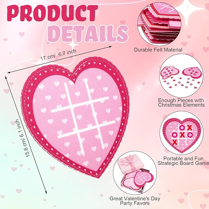 24 Pack Valentines Day Tic Tac Toe Game Strategic Board Felt with Storage Bags Valentine's Day Games Classroom for Party Favors Goodie Bags Gift Exchange Prizes(Heart)