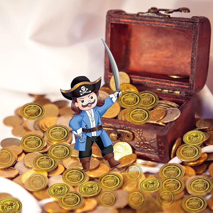 100 Pieces Plastic Pirate Gold Coins Set - Play Treasure Gold Coins for Pirate Themed Party, St. Patrick's Day, Treasure Hunt Game, Halloween and Novelty Party Favor