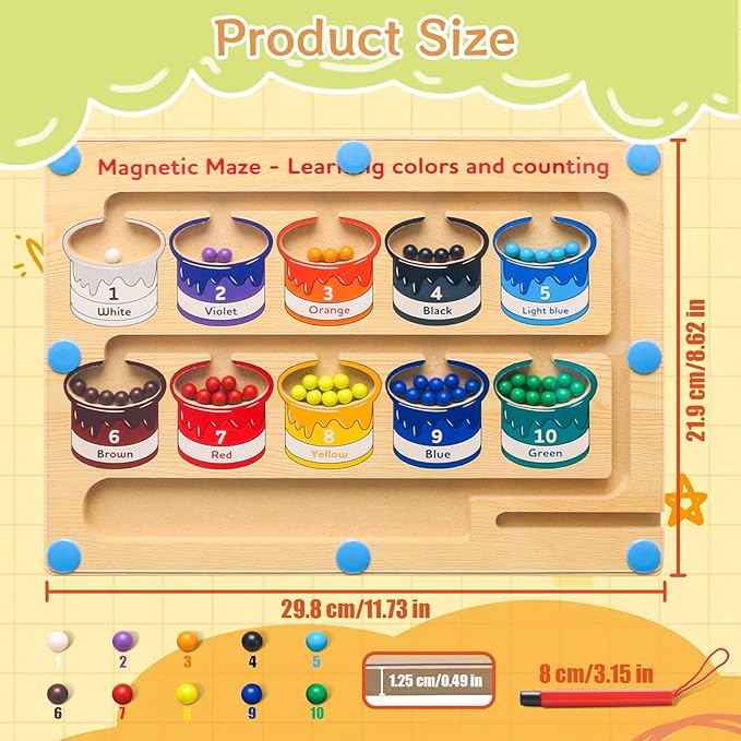 Magnetic Color and Number Maze Wooden Sorting Board - Montessori Puzzle Toy for Kids 3+ Years Old to Learn Colors and Counting