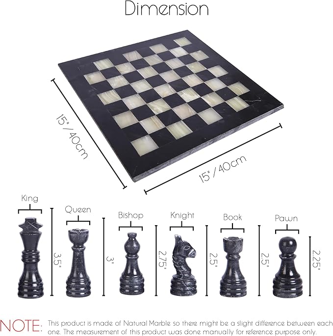 15 Inch Luxury Chess Set Classic Chess Boards for Adults with Handcrafted Stone Board & Marble Chess Pieces Ideal for Home Decor (Black & Onyx)