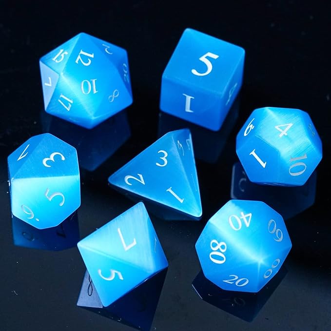 UDIXI Gemstone DND Dice Set 7PCS Stone D&D Polyhedral Dice for Dungeons and Dragons Table Games (Blue Cat's Eye)