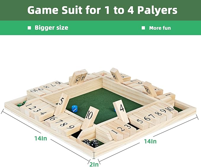ApudArmis 4-Way Shut The Box 14 Inches, Large Wooden Board Game Set with Dice, Shut-The-Box for Kids & Adults - Learning Addition Classroom Home Party Pub