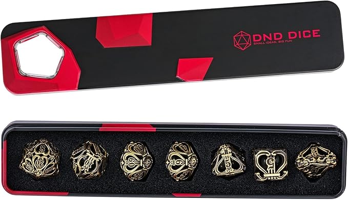 Cusdie 7-Die Metal Dice Set - Hollow Design with Bells - Crisp Sounding Gaming Dice in Tin Box - Perfect for Tabletop RPGs & Board Games(Ancient Bronze)